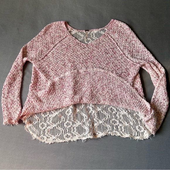 Free People Poppyseed Marled Knit Sheer Lace Back V Neck Pullover Sweater Sz L/G - Picture 3 of 13